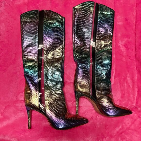 Schutz Rainbow Snake Embossed Leather Knee High Heeled Boots Maryana
